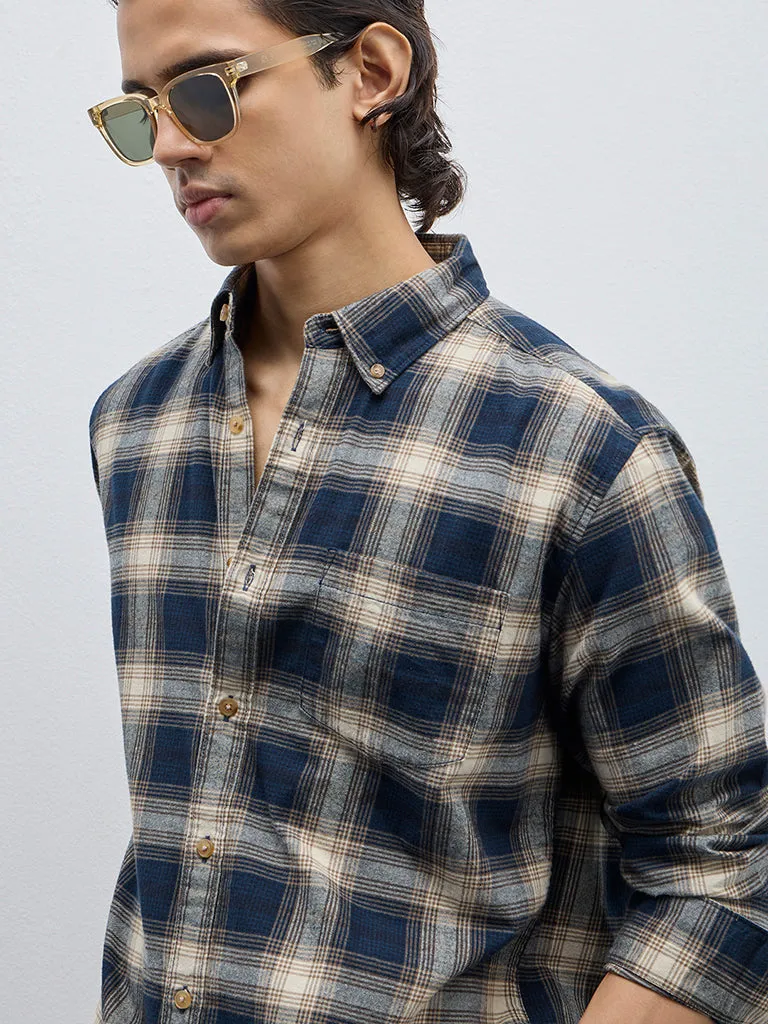 WES Casuals Navy Checkered Relaxed-Fit Cotton Shirt