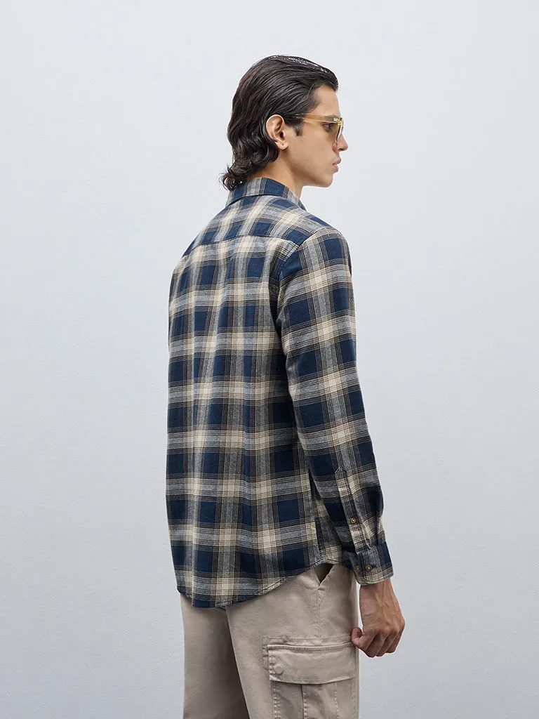 WES Casuals Navy Checkered Relaxed-Fit Cotton Shirt