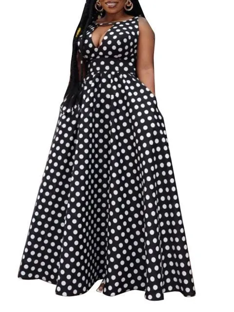 Women Deep V Neck  Polka Dot Maxi  Off Shoulder Half Sleeve Loose Casual Printed  Long Summer Dress